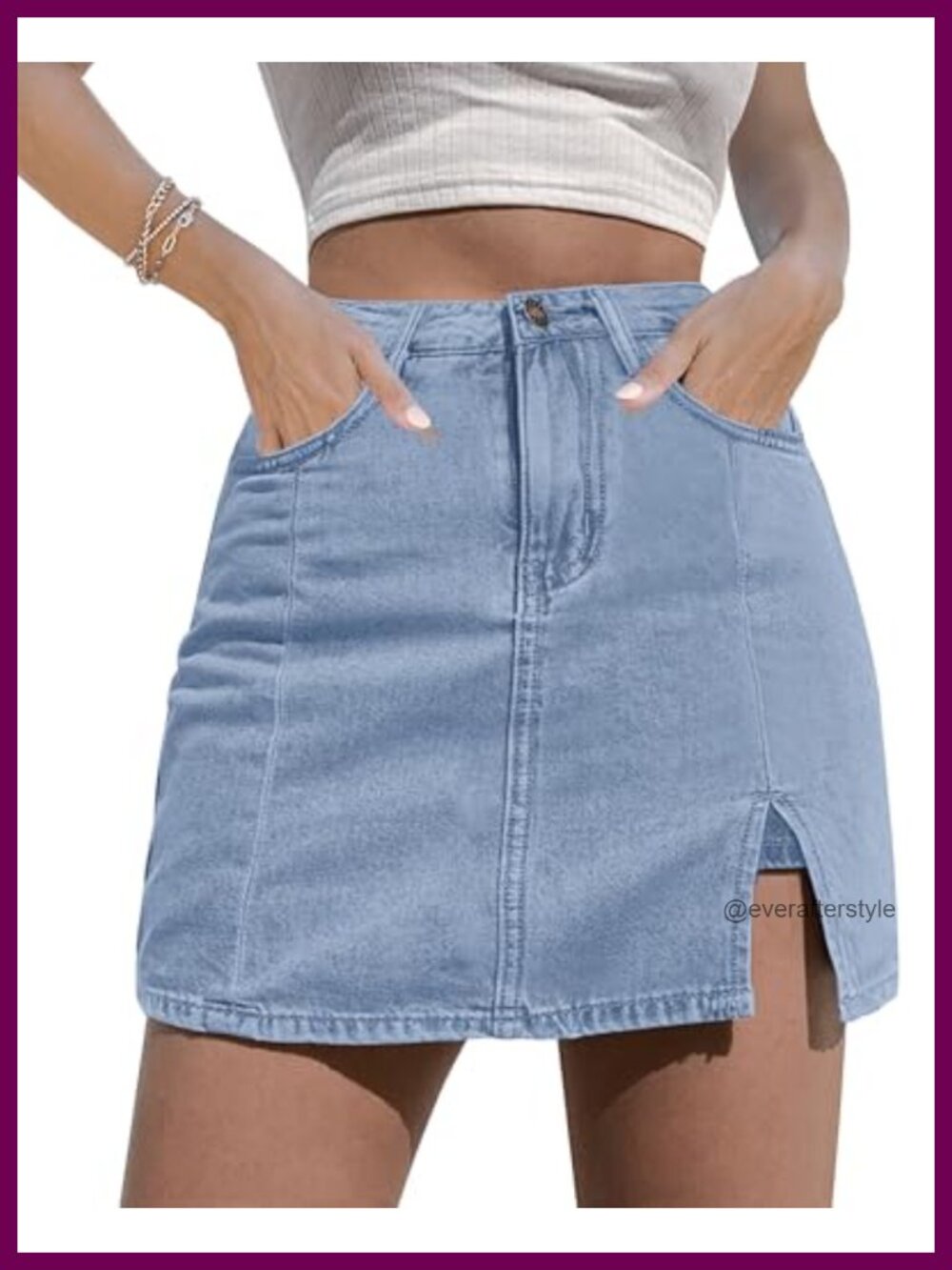 High Waisted Stretchy Denim Mini Skort Side Slit Built-in Shorts